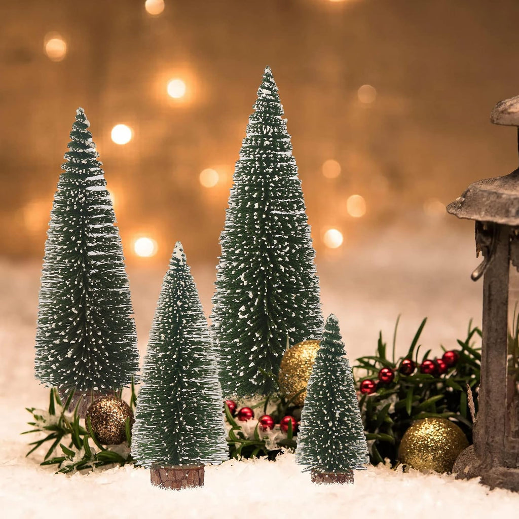 Skiennix Mini Christmas Tree - Small Pine Tabletop Decor with Wooden Base | Green - Set of 4