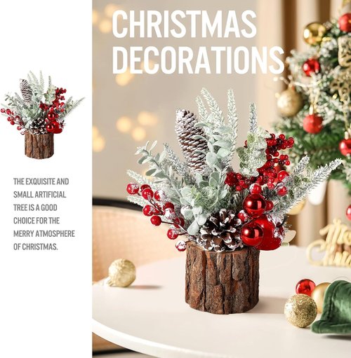 Hatisan Small Christmas Tree - Tabletop Artificial Pine Cone & Berry Decor | 2 Pack Red-Round for Holiday Cheer