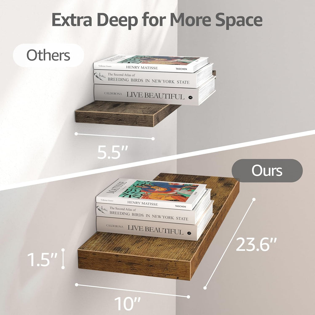 QEEIG 10" Deep Floating Shelves - Rustic Brown Wall-Mounted Bookshelf Set of 3 for Bathroom, Bedroom, Kitchen, Living Room