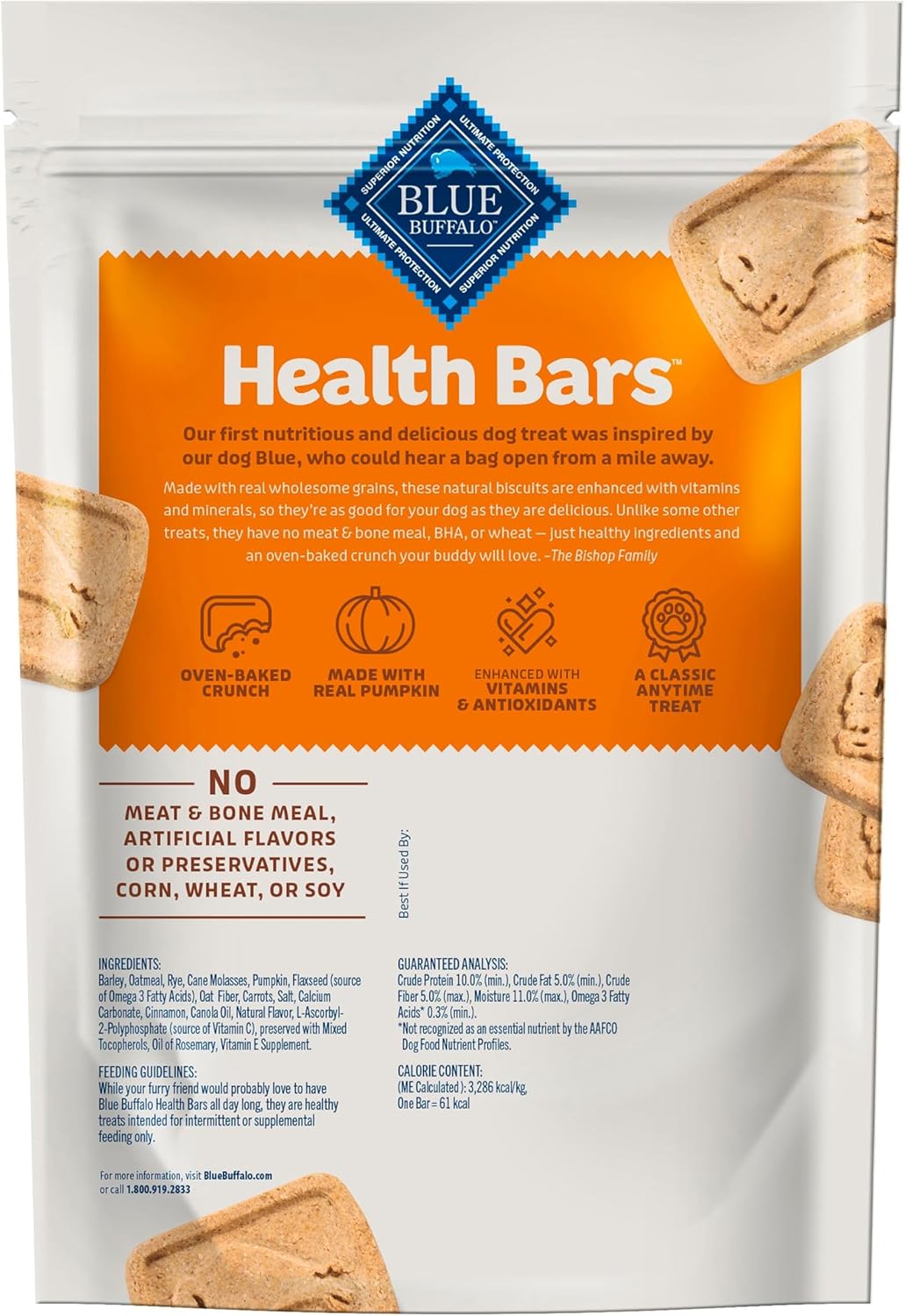 Blue Buffalo Crunchy Dog Biscuits - Oven-Baked Health Bars with Pumpkin & Cinnamon | 16 oz Bag