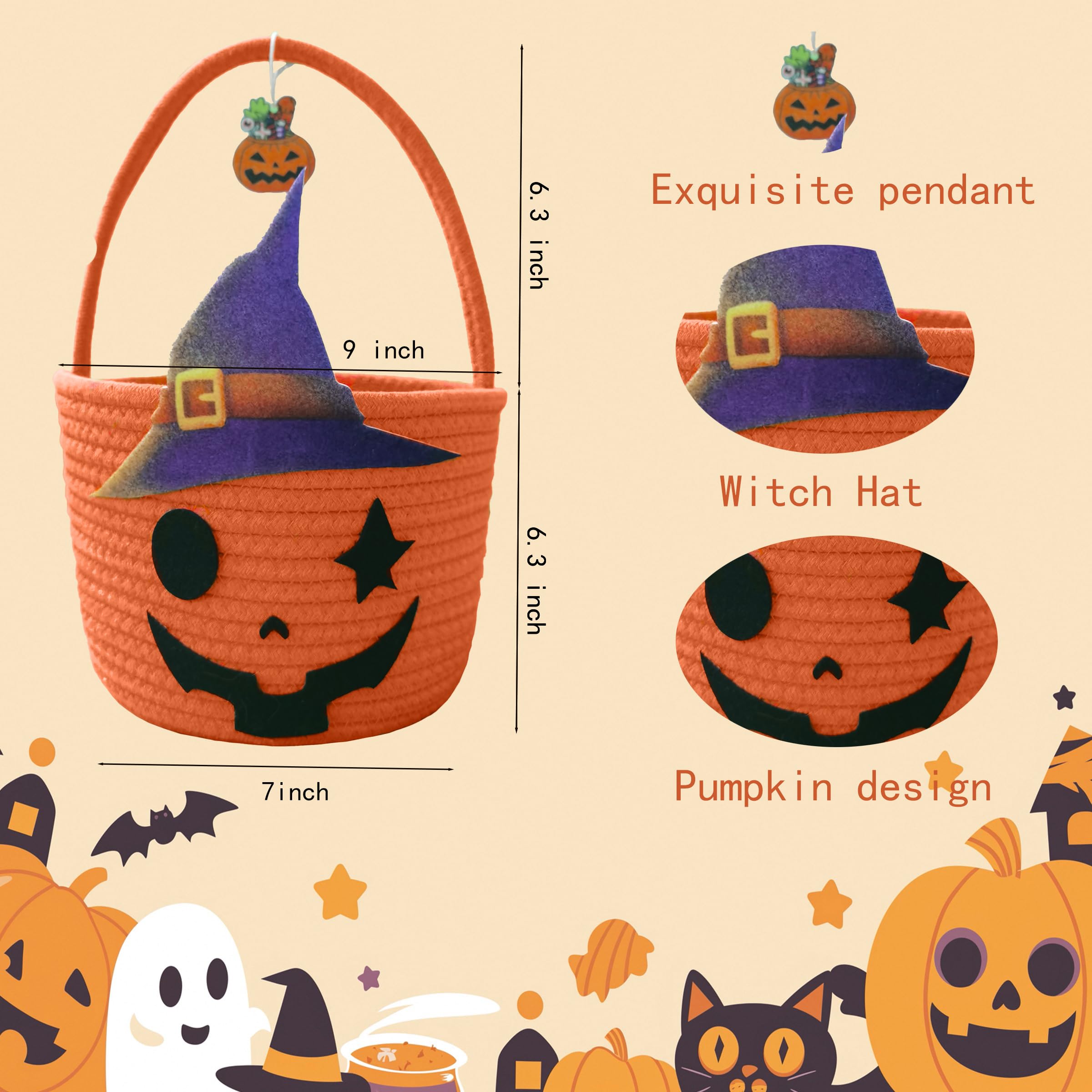 Halloween Pumpkin Basket for Kids, Woven Rope Candy Basket, Halloween Decorations, Small Woven Rope Basket bins, Orange