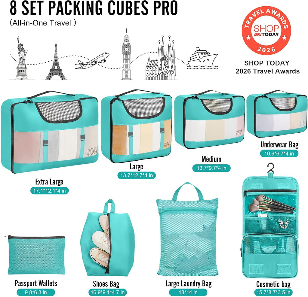 Veken Packing Cubes - 8-Piece Travel Organizer Set with Laundry Bag & Passport Holder | 4 Sizes for Easy Packing