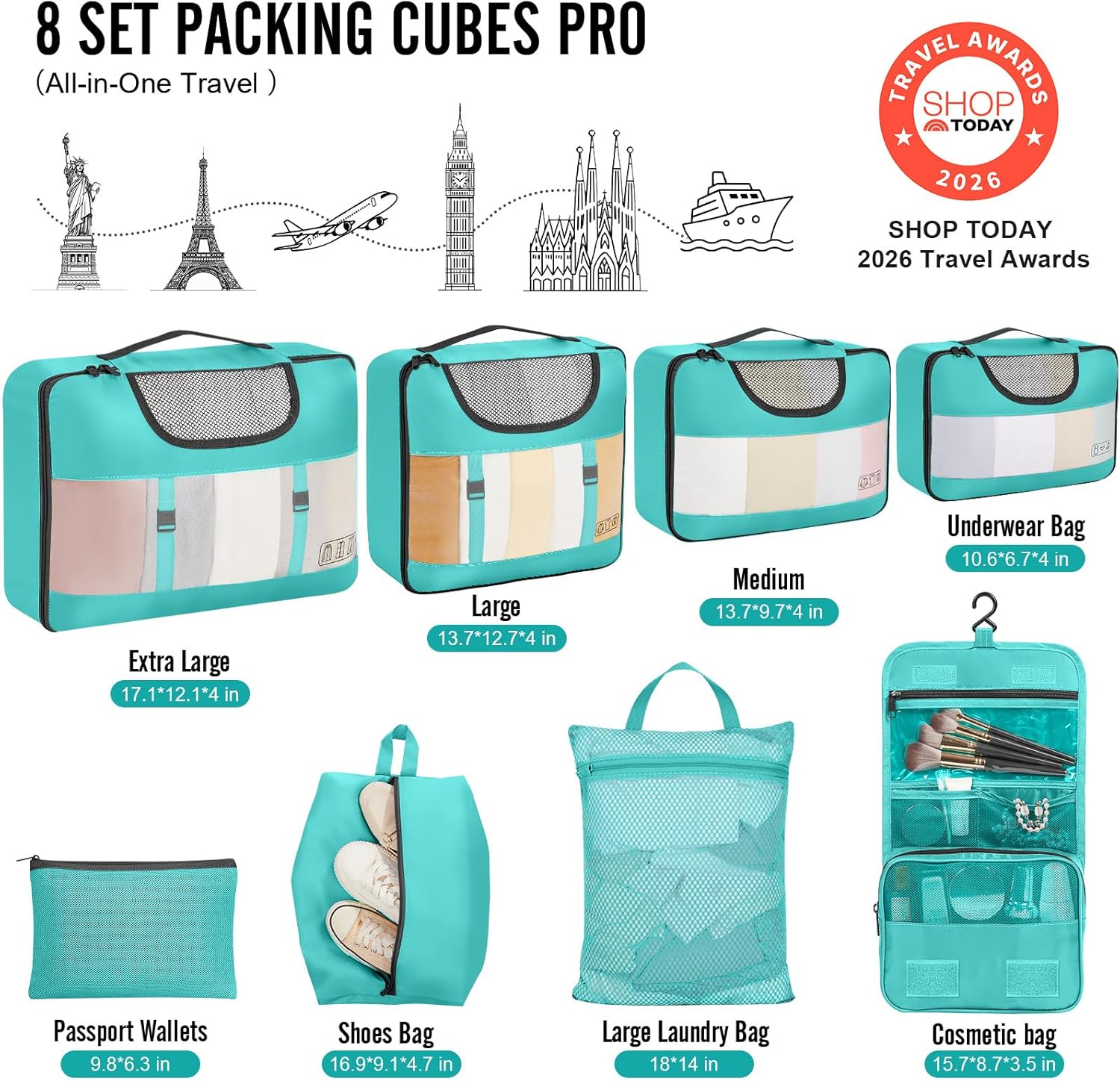 Veken Packing Cubes - 8-Piece Travel Organizer Set with Laundry Bag & Passport Holder | 4 Sizes for Easy Packing