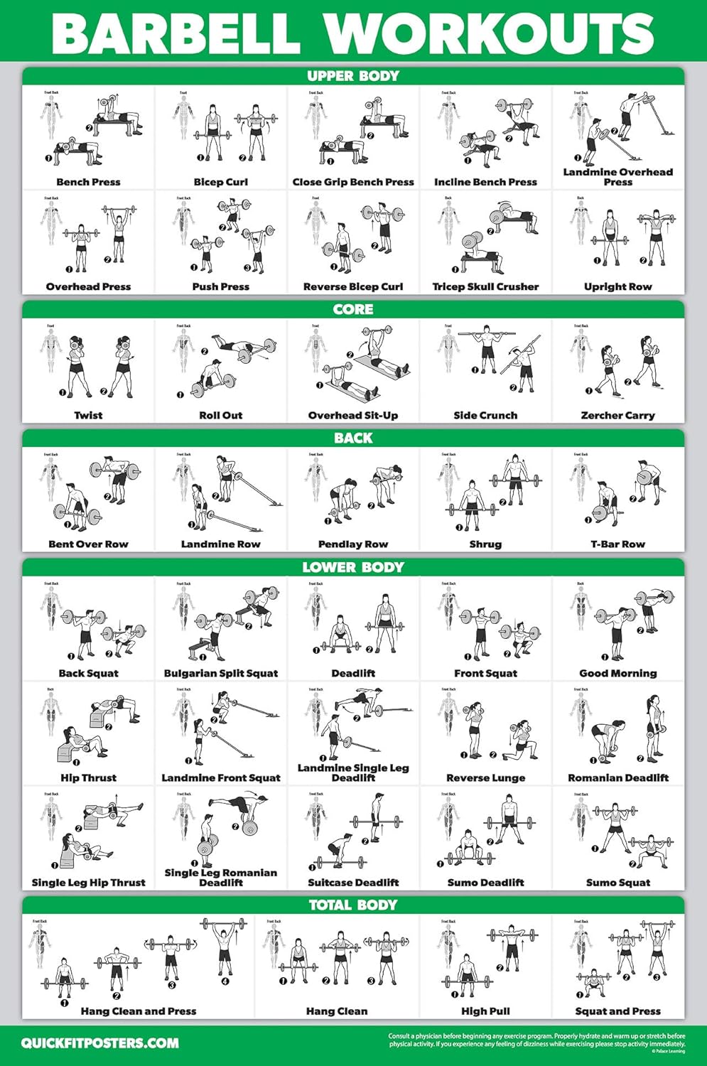 Palace Learning QUICKFIT Barbell Workout Exercise Poster - Laminated, 18" x 24" Size