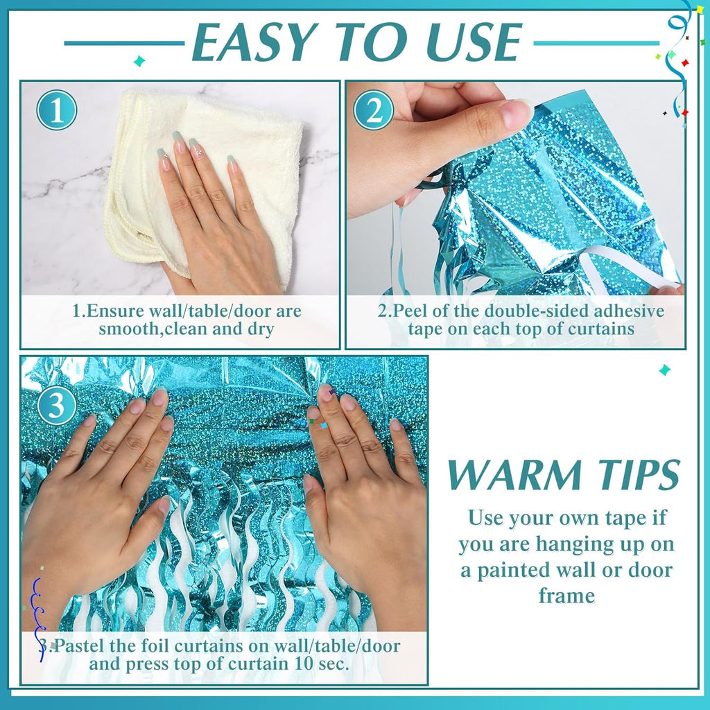 Skiennix Foil Fringe Backdrop - 10 Pieces Wavy Tinsel Curtain for New Year & Party Decor | Blue Green 3.3 x 6.6 Ft