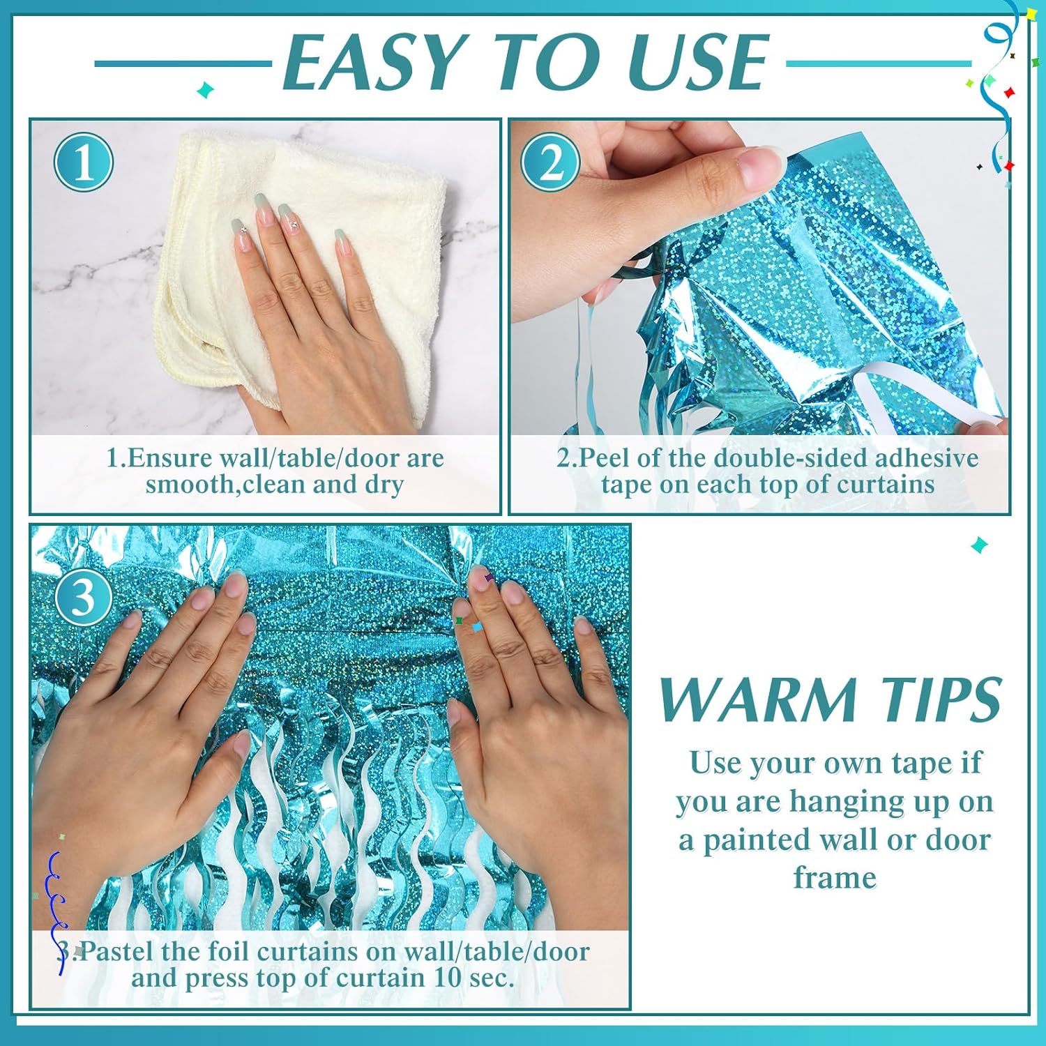 Skiennix Foil Fringe Backdrop - 10 Pieces Wavy Tinsel Curtain for New Year & Party Decor | Blue Green 3.3 x 6.6 Ft