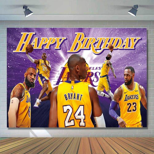 42Pcs Los Angeles Basketball Party Supplies Pack Includes，Banner，Cake Topper，Blackdrop,Balloons for The Laker party decoration