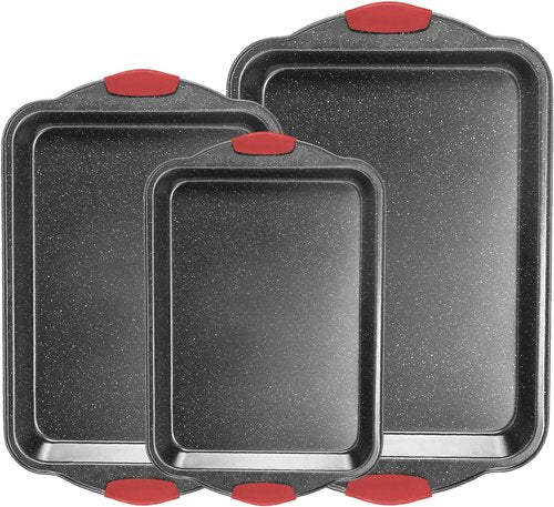 Anveena Nonstick Kitchen Oven Baking Pans - Premium Commercial Grade Bakeware with Red Silicone Handles | Easy to Clean Black, 3-Piece Set