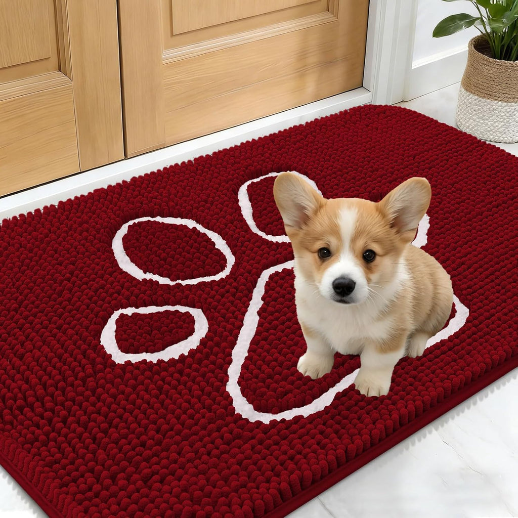OLANLY Dog Door Mat - Absorbent Non-Slip Mud Mat for Paws | 24x16 Red Chenille Design