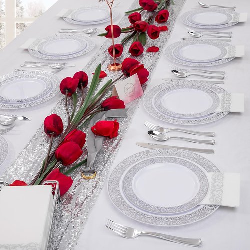 400 PCS Silver Napkins Disposable Hand Towels, Soft and Absorbent Linen Feel Dinner Napkins, White and Silver Paper Napkins, Elegant Decorative Paper Guest Towels for Bathroom Kitchen Wedding Party