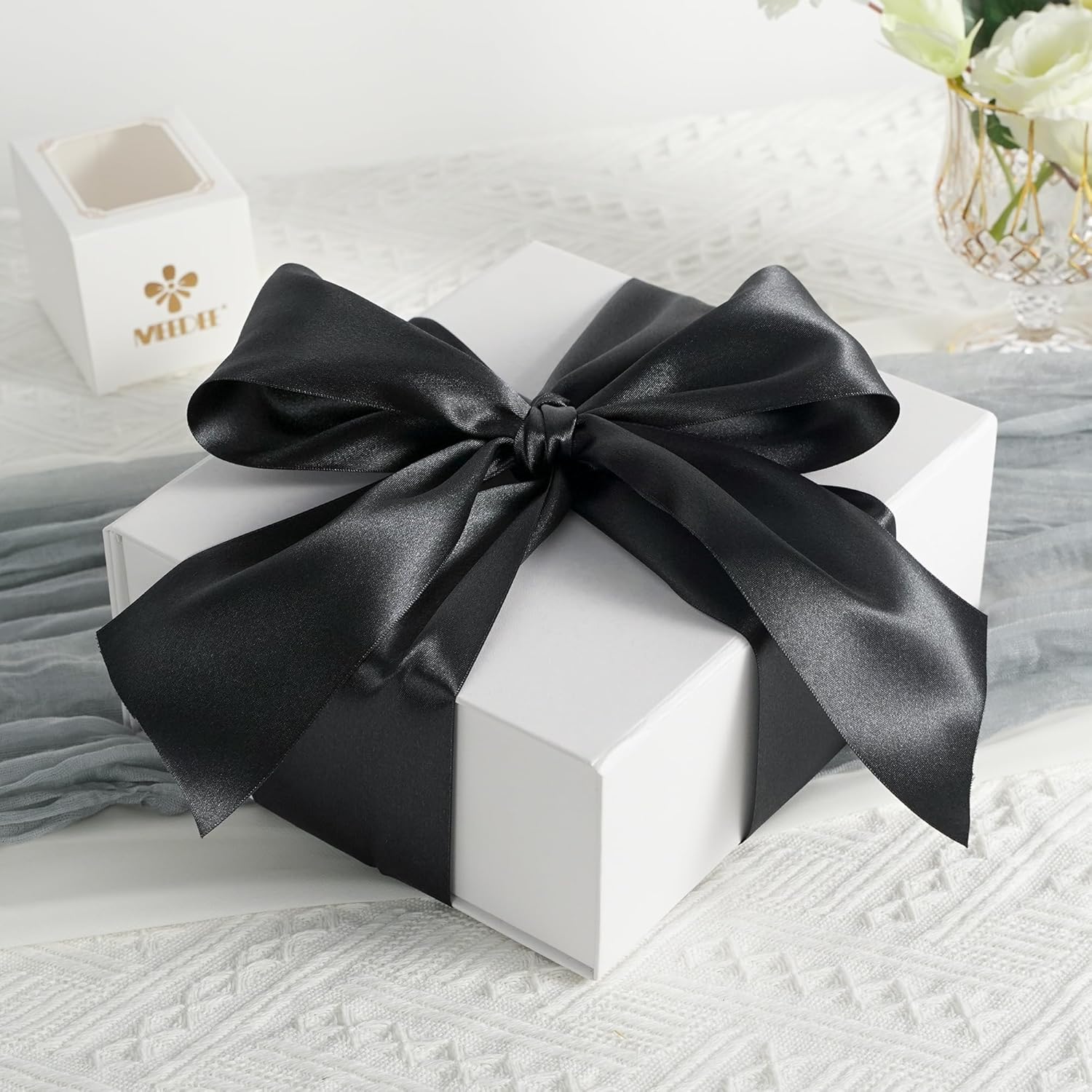 MEEDEE Black Satin Ribbon - Luxurious Double-Faced 3 Inch Wide | 10 Yards for Christmas & Halloween Decor