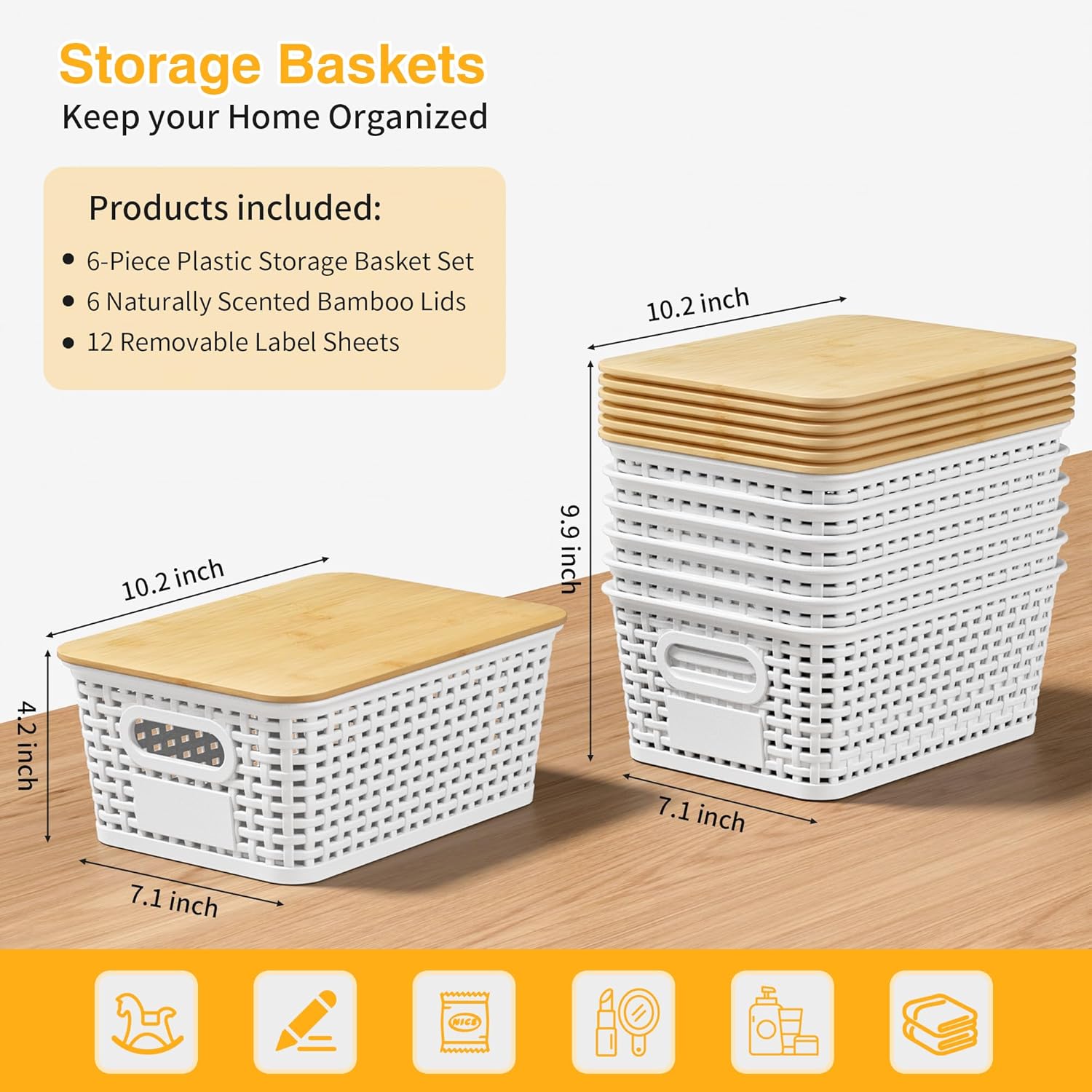 Skiennix Plastic Storage Baskets - Stackable Containers with Bamboo Lids & Labels | 6-Pack White
