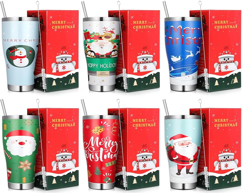 6 Pcs 30oz Christmas Tumblers Gift Set with Lids, Straws & Brushes - Cute Holiday Patterns - Variation of THIS listing