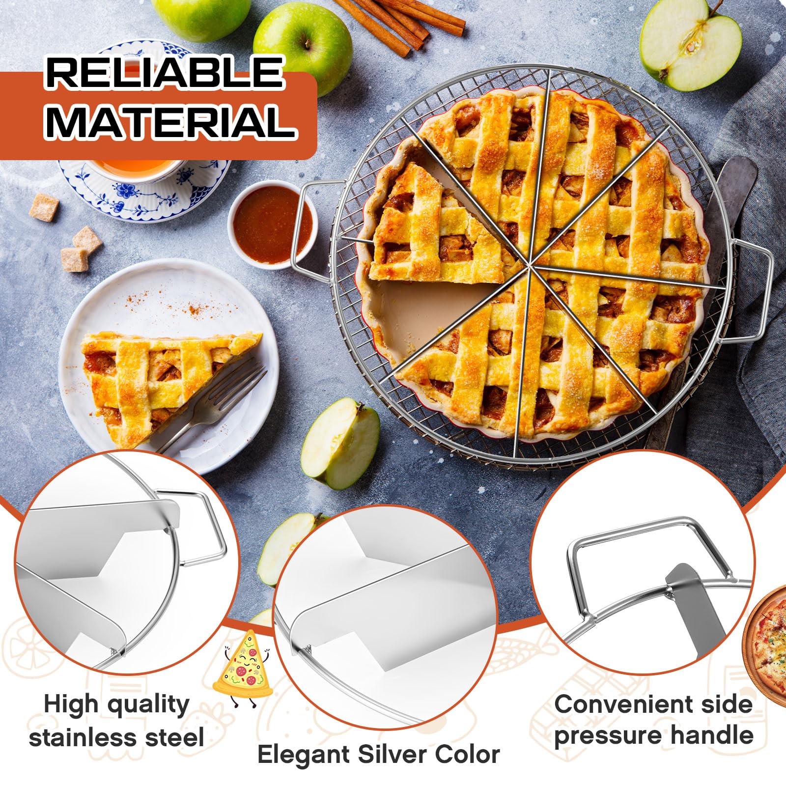 Ziliny 3 Pieces 8-cut, 7-cut and 6-cut Pie Cutter 10.6 Inches Diameter Stainless Steel Pie Slicer Rust Proof Cake Divider with Side Handle Pie Cutter Press for Commercial Home