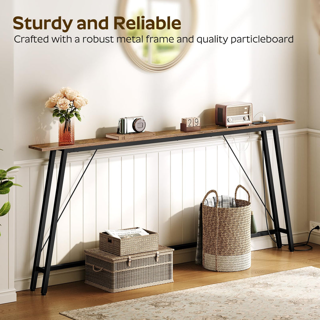 YATINEY 70.9" Couch Table Behind Sofa, Narrow Console Table with Outlet, Skinny Sofa Tables Narrow Long, Long Entryway Tables for Hallway, Entryway, Living Room, Rustic Brown and Black CT185UBR