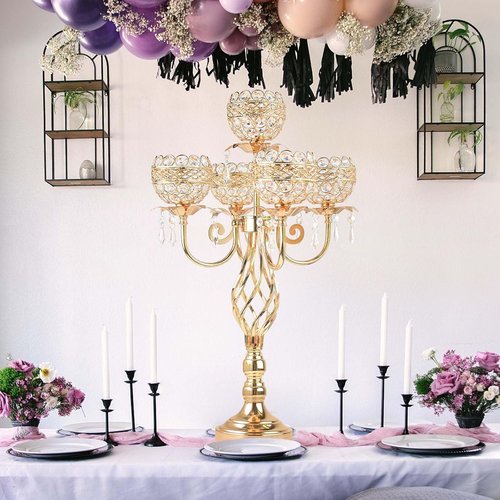 Elegant 5-Arm Candelabra Centerpiece - 23.6 Inch Tall with Crystal Pendants for Weddings & Home Decor