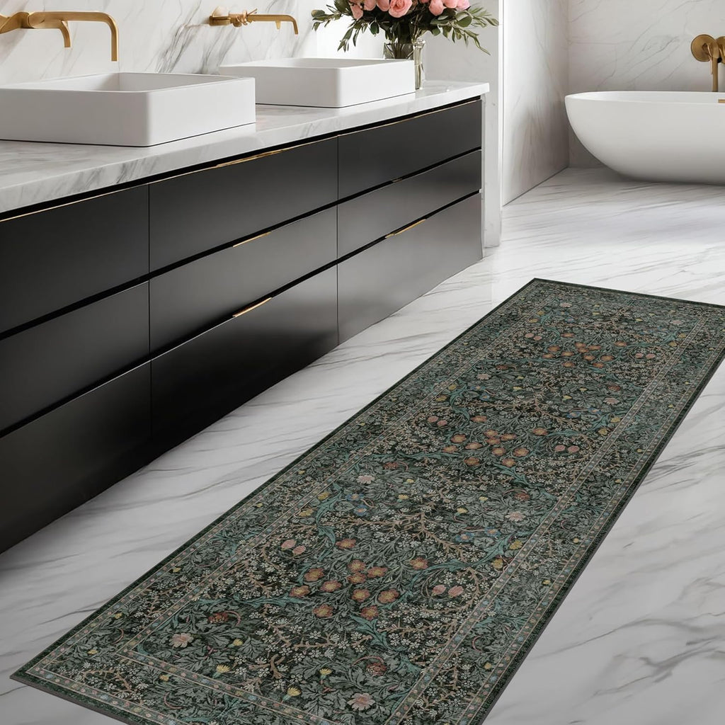 Regine Switzerland Dark Green 2x5 Non-Slip Runner Rug - Washable Floral Boho Design for Entryway