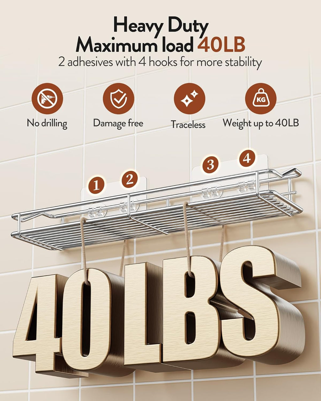 Orimade Bathroom Shelf Organizer - Traceless Adhesive Shower Caddy | 15.75 Inch Silver SUS304 Stainless Steel