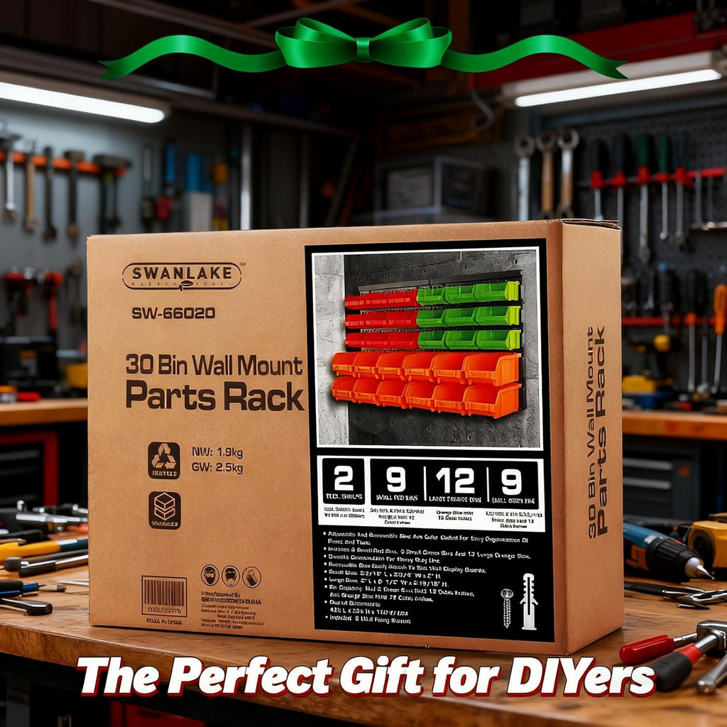 SWANLAKE Heavy-Duty Garage Tool Organizer - 30-Bin Wall-Mounted Storage for Screws, Nuts, Bolts & More