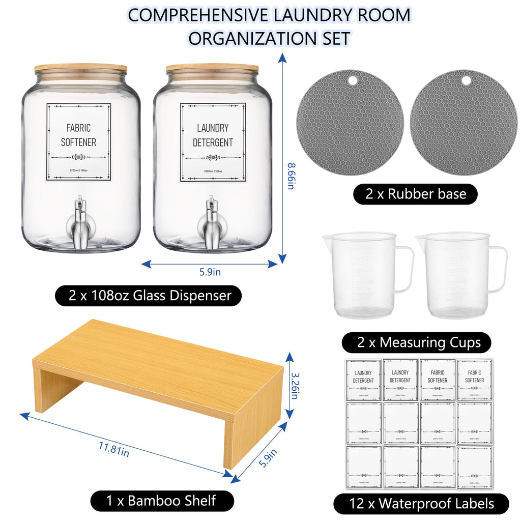 Laundry Detergent Dispenser. 0.9 Gallon Glass Laundry Soap Liquid Laundry Detergent Dispense. Fabric Softener Dispenser With Stand and Bamboo Lid. Laundry Room Organization and Storage