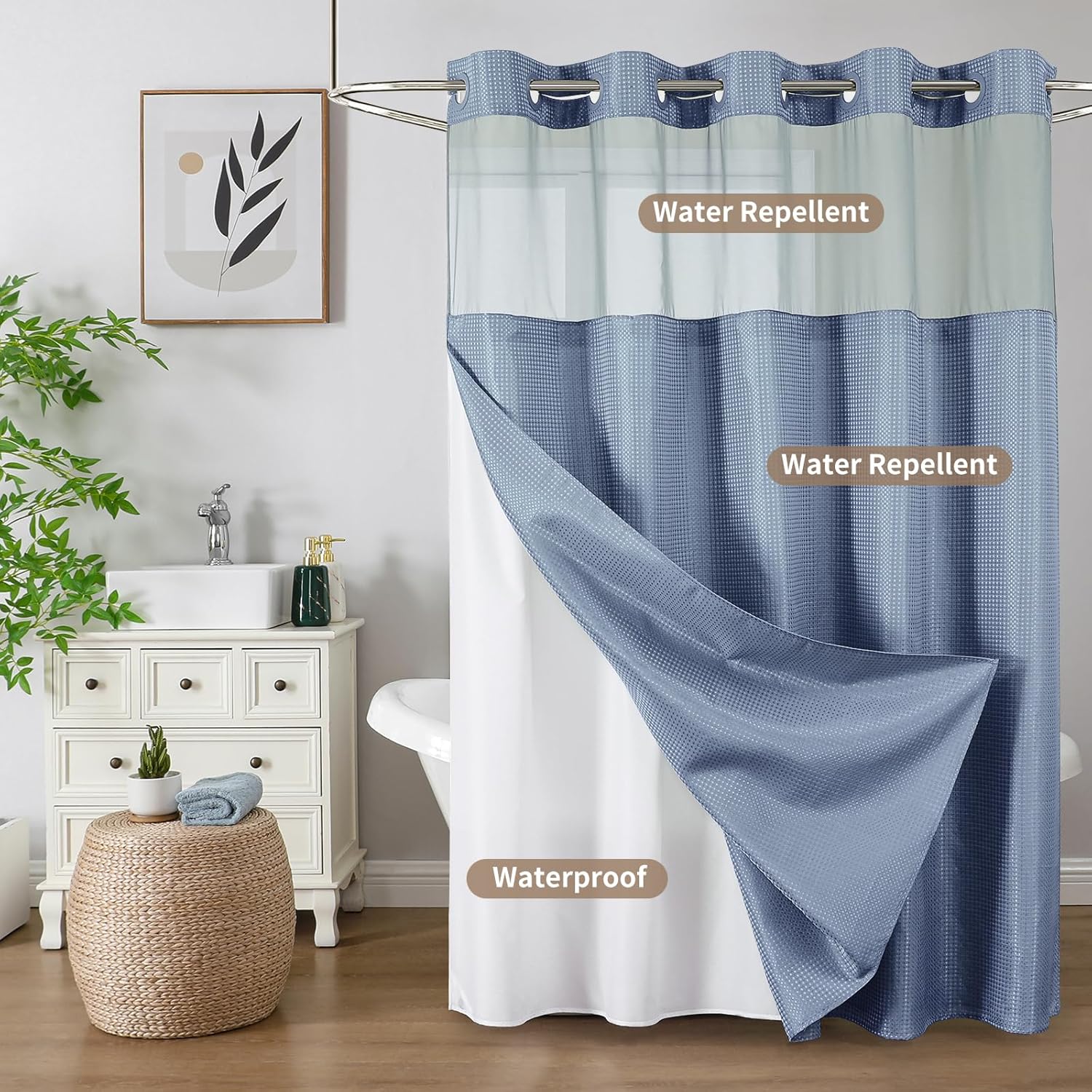 Skiennix No Hook Shower Curtain - Heavy Duty Waffle Weave with Snap-in Liner | Waterproof 72 x 75 Inch, Moonlight Blue