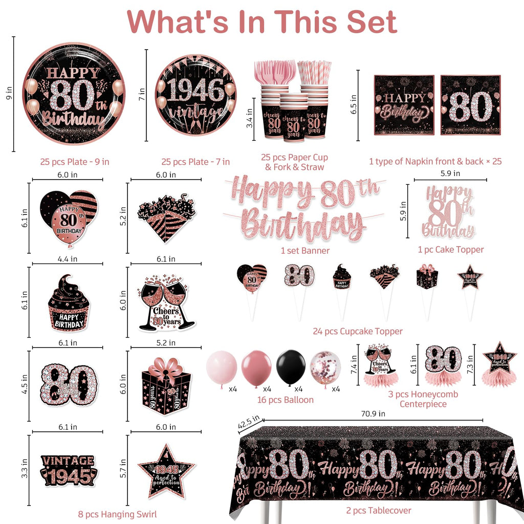 Yingoto 170pcs 80th Birthday Decorations for Women Tableware Set, 1946 Birthday Decorations with Banner Plates Napkins Cups Tablecloth and Cake Topper for 80th Birthday Decorations, Serve 25