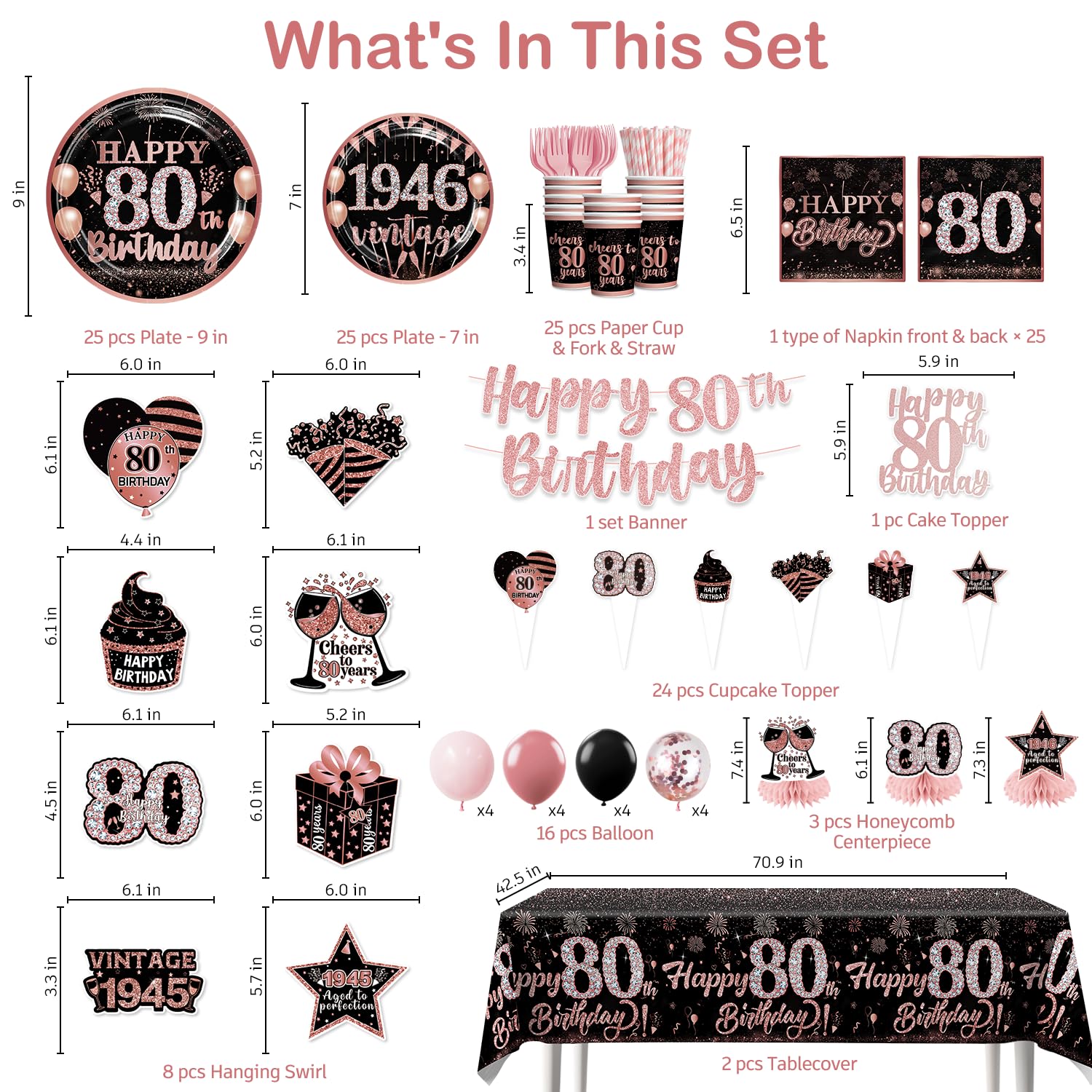 Yingoto 170pcs 80th Birthday Decorations for Women Tableware Set, 1946 Birthday Decorations with Banner Plates Napkins Cups Tablecloth and Cake Topper for 80th Birthday Decorations, Serve 25