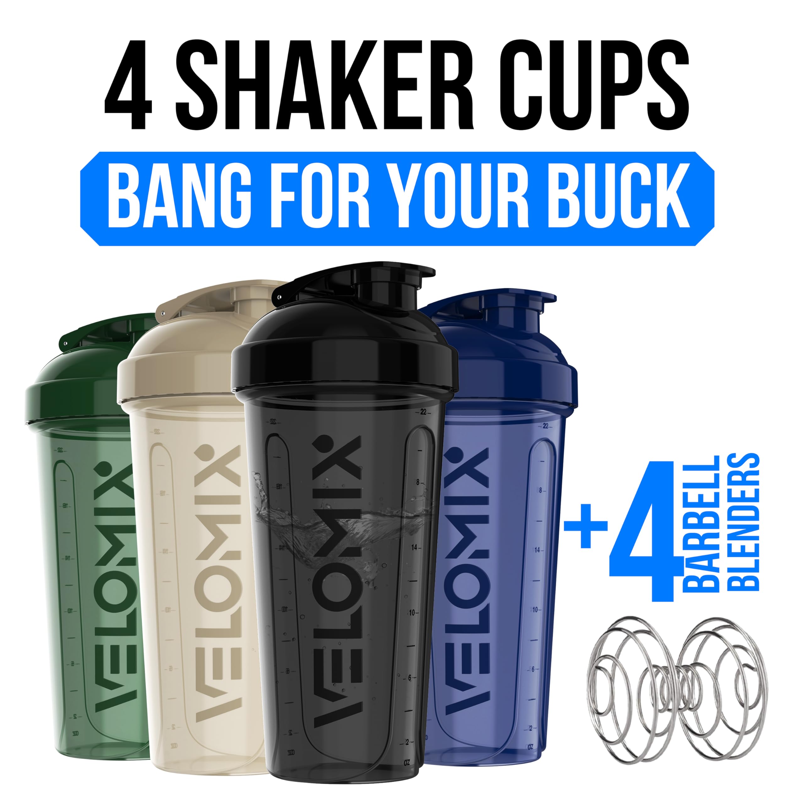 VELOMIX -4 PACK 28 Oz Protein Shaker Bottle for Protein Mixes - 4x Wire Whisk | Leak Proof Shaker Cups for Protein Shakes | Large, Stackable Protein Shaker Bottle Pack | Dishwasher Safe (Forest Edge)