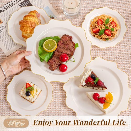 WDF 200PCS Ivory Plastic Plates with Gold Rim - Cream Plastic Plates - Include 100 Dinner & 100 Dessert Fancy Disposable Plate for Party - Heavy Duty Plate for Wedding Baby Shower Spring