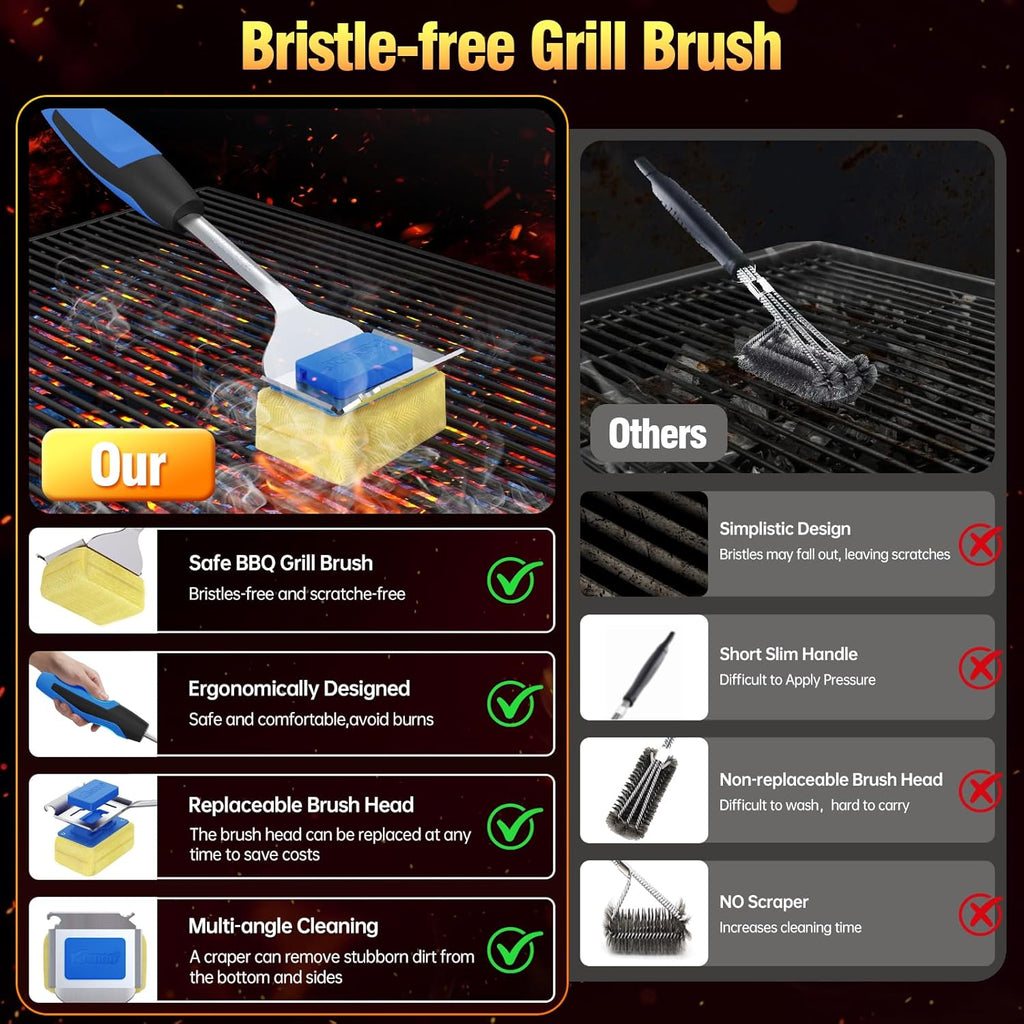 Skiennix Grill Brush - Bristle-Free BBQ Cleaner with Extended Handle & Scraper | Safe for Cast Iron & Stainless Steel Grates - Blue