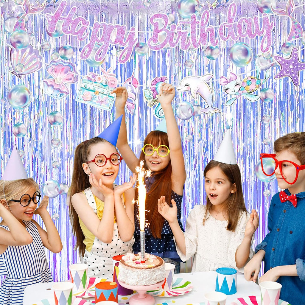 Skiennix Iridescent Party Streamers - Tinsel Foil Fringe Curtains with Colorful Bubble Garlands | Perfect for Ocean-Themed Celebrations