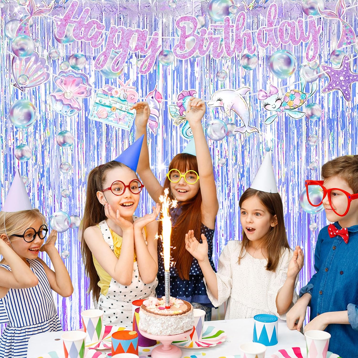Skiennix Iridescent Party Streamers - Tinsel Foil Fringe Curtains with Colorful Bubble Garlands | Perfect for Ocean-Themed Celebrations