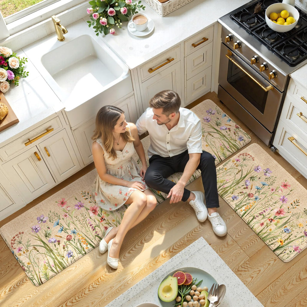 KIMODE Kitchen Anti Fatigue Mats, Farmhouse Flower Kitchen Rugs Sets of 2, Memory Foam Kitchen Mats for Floor, Waterproof Non Skid Standing Mats for Sink Laundry Office Desk Brown 20"x71"+20"x32"