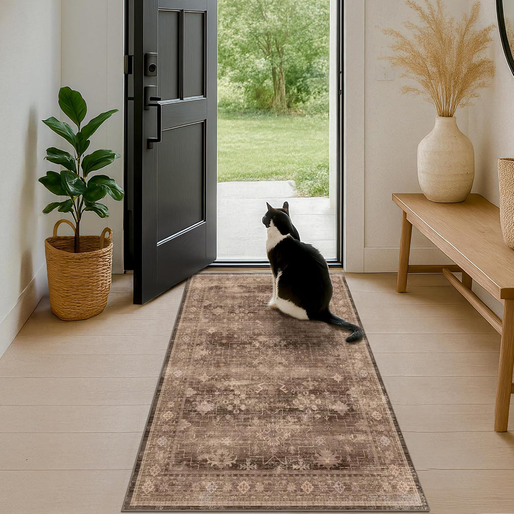Boho Taupe Brown 3x5 Area Rug - Washable Low Pile Non-Slip Design for Entryway, Kitchen & Laundry