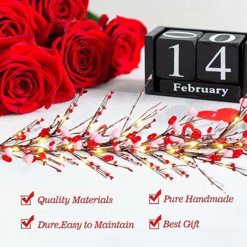 6.5 Ft Valentine's Day Garland Red Pink White Berry Heart Garland with LED Lights Artificial Vine for Valentines Wedding Anniversary Fireplace Mantel Table Home Wall Indoor Party Decor