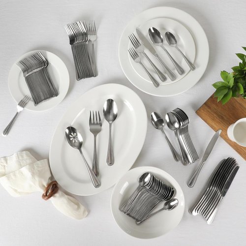 Gibson Home Sinta 87-Piece Stainless Steel Flatware Set - Bead Border Design, Service for 12, Dishwasher Safe