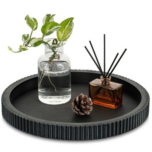 Hanobe Decorative Tray for Coffee Table: 12" Black Round Centerpiece Tray for Home Decor - Wood Modern Farmhouse Decor for Living Dining Room Kitchen Island Tabletop