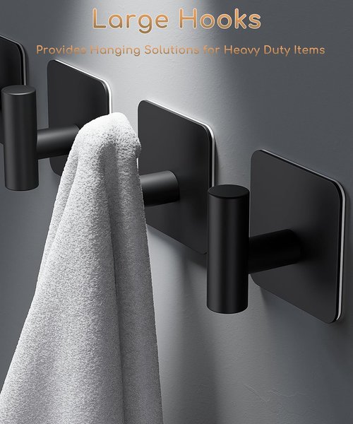 Aikzik Heavy Duty Wall Hooks - 26lb Max Capacity, Stainless Steel Adhesive Towel & Coat Hooks | Matte Black, 4 Pack