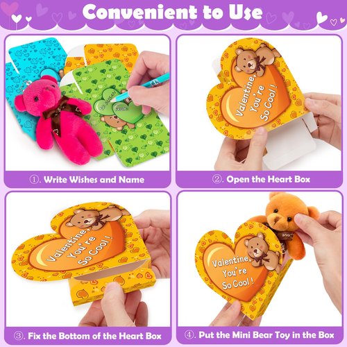BAYSING Valentines Day Cards for Kids School, 24 Pack Stuffed Bears Keychains Plush Toys, Valentine Day Party Favors for Boys Girls, Ideal Exchange Cards for Classroom