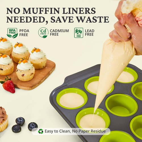 BRONYPRO Silicone Muffin Pans - Nonstick Baking Molds with Metal Frame | 12 Regular Size, Lime Green