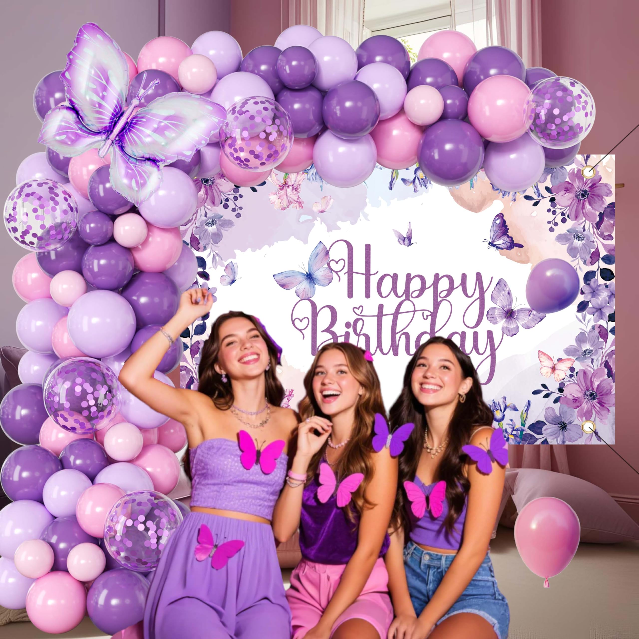 Purple Butterfly Birthday Decorations Balloon Arch Kit - Glitter Butterfly Party Supplies with Garland, Backdrop, Centerpieces for Women Girls Birthday Party Decor