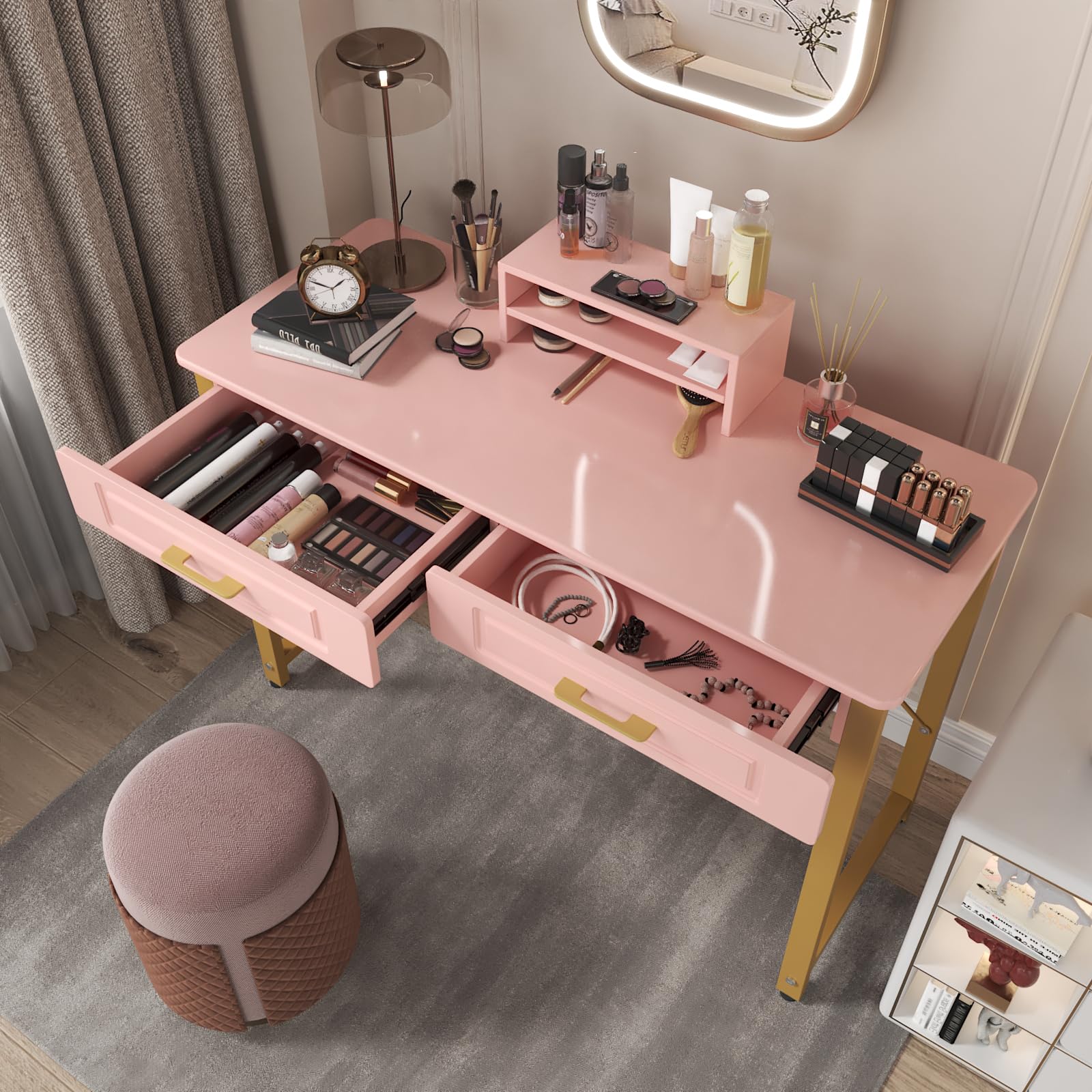 WESTREE Vanity Desk with 2 Drawers and Storage Shelf, Modern Makeup Table with Glossy Desktop, Gold Metal Frame Writing Desk for Bedroom or Home Office, No Mirror
