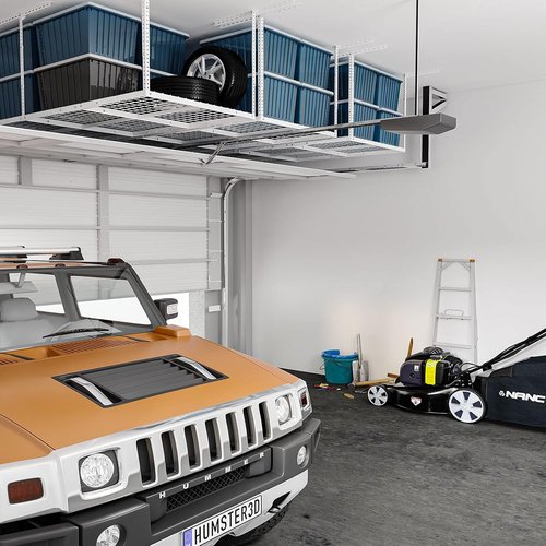 FLEXIMOUNTS Overhead Garage Storage Rack - Adjustable Heavy-Duty Metal | 3x8, 750lbs Capacity, White