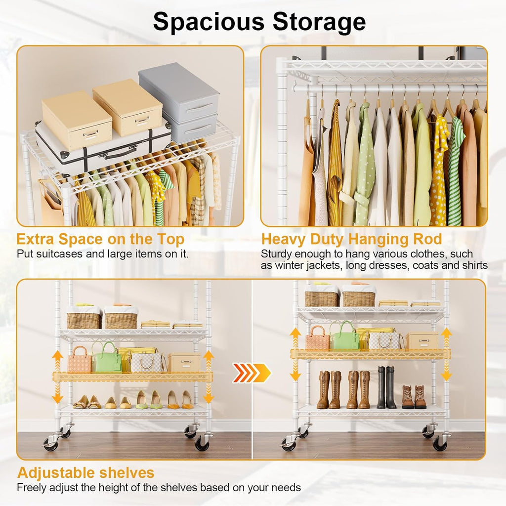 ULIFHOME P9 Heavy-Duty Rolling Clothes Rack - 4-Tier Portable Metal Closet with Wheels | 35.5" L x 15.8" W x 80.5" H, 445 LBS Capacity, White