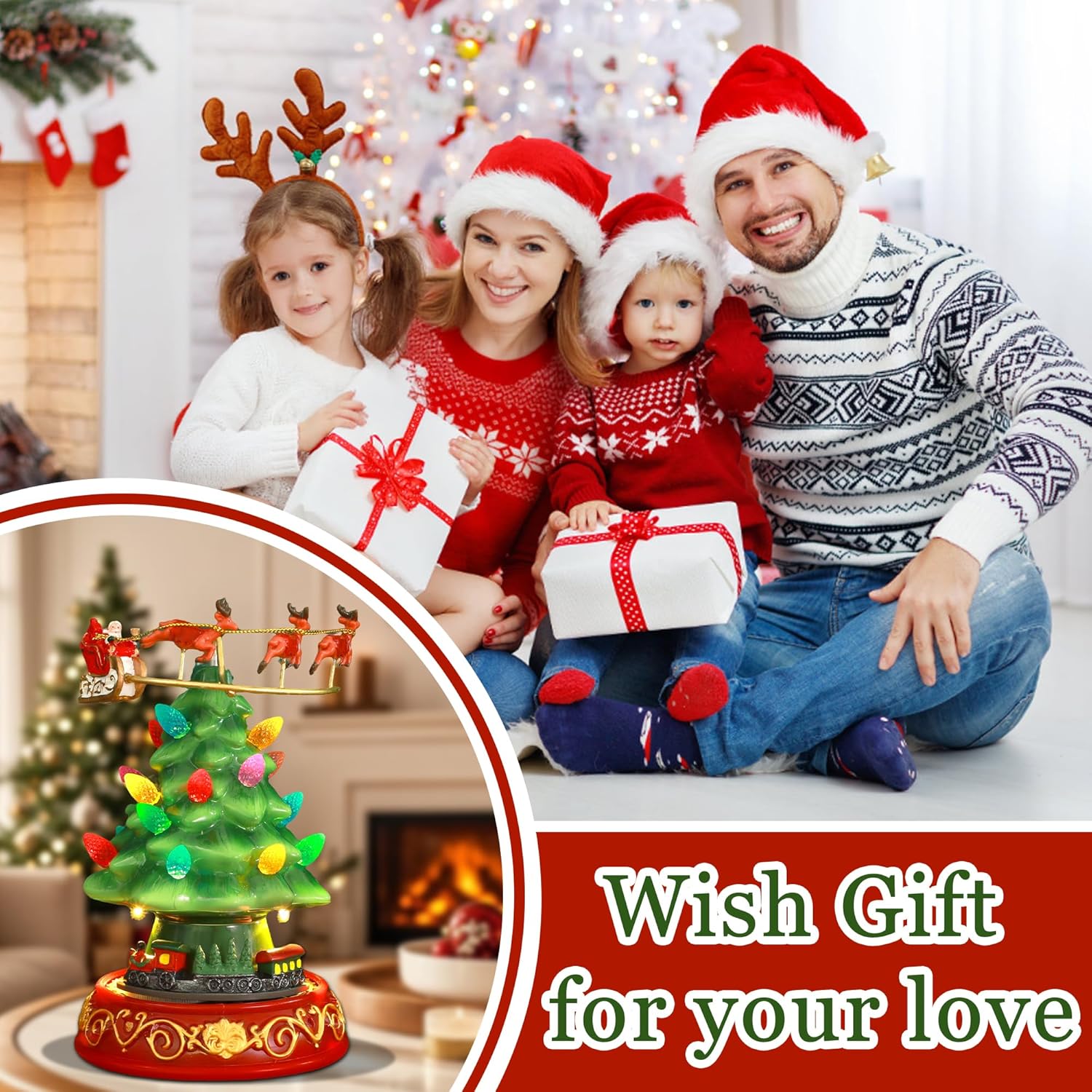 Regine Switzerland Musical Pre-Lit Artificial Christmas Tree - Spinning Train & Elk Figurines | Holiday Tabletop Decor