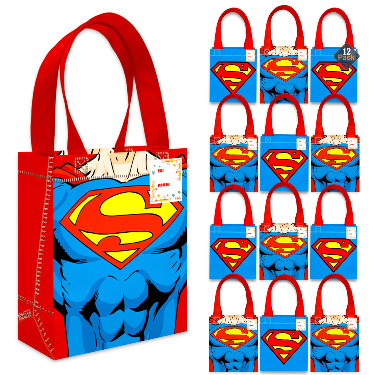 DC Comics Superman Party Favor Bags Set – 12 Pack 8" Superhero Goodie Bags for Kids Bulk Reusable Mini Totes | Superman Birthday Party Supplies