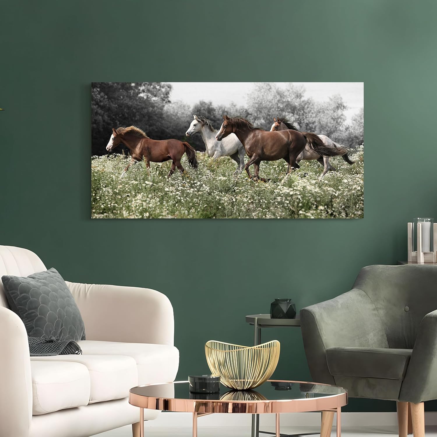 Color Play Horse Canvas Wall Art - Rustic Brown and White Horses Running on Grass | 40 x 20 Inch Decor