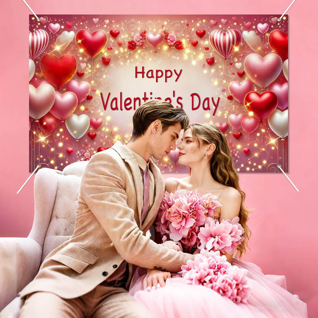 BlissYard Valentine’s Day Banner 71x43 Inches Happy Valentine Backdrop Love Heart Balloon Background Romantic Party Decoration for Valentine Celebration Anniversary Proposal Photo Booth Decor