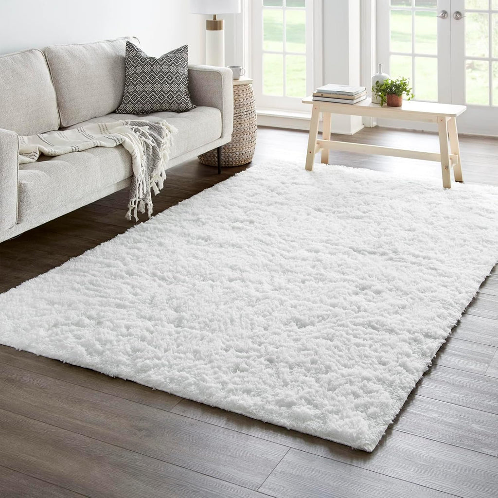Ophanie 5x8 White Area Rug - Fluffy Plush Soft Shaggy Carpet for Living Room & Bedroom Decor