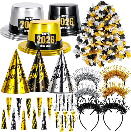 Atonofun New Year's Eve Party Supplies - 48 Pcs for 20 Guests | Hats, Horns, Headbands & More
